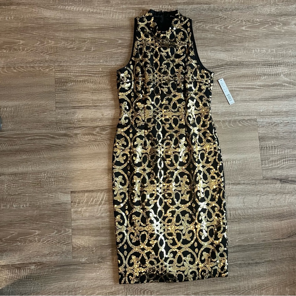 NWT Gianni Bini Black & Gold Sequin Sleeveless Midi Dress Size 6